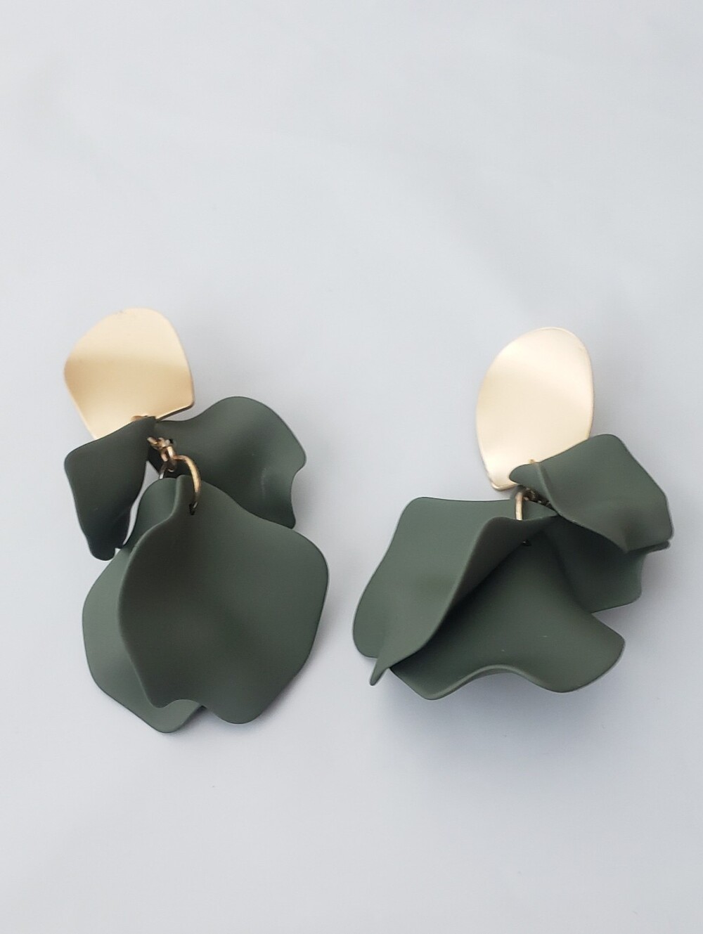 Olive Green Petal Drop Earrings with Gold Accents